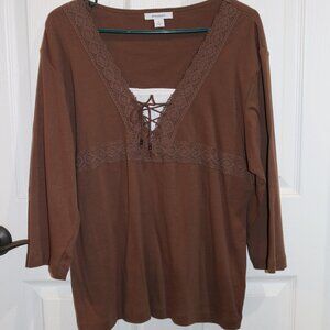 Women's Dress Barn brown laceup tunic. 3/4 sleeve. XL